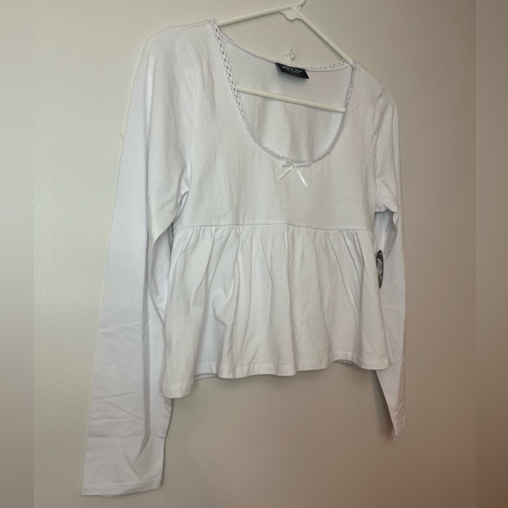 Jolie & Joy White Long Sleeve Babydoll Crop Top Size L Fitted - Picture 2 of 9